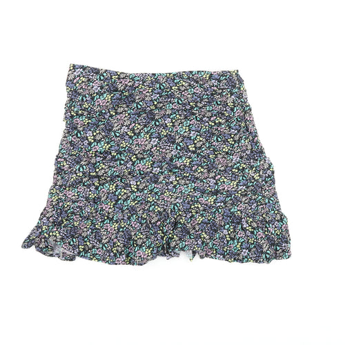 Marks and Spencer Girls Black Floral Viscose Mini Skirt Size 12-13 Years Regular Zip
