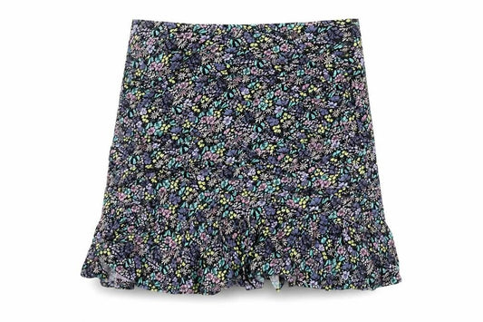 Marks and Spencer Girls Black Floral Viscose Mini Skirt Size 12-13 Years Regular Zip