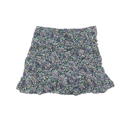 Marks and Spencer Girls Black Floral Viscose Mini Skirt Size 12-13 Years Regular Zip