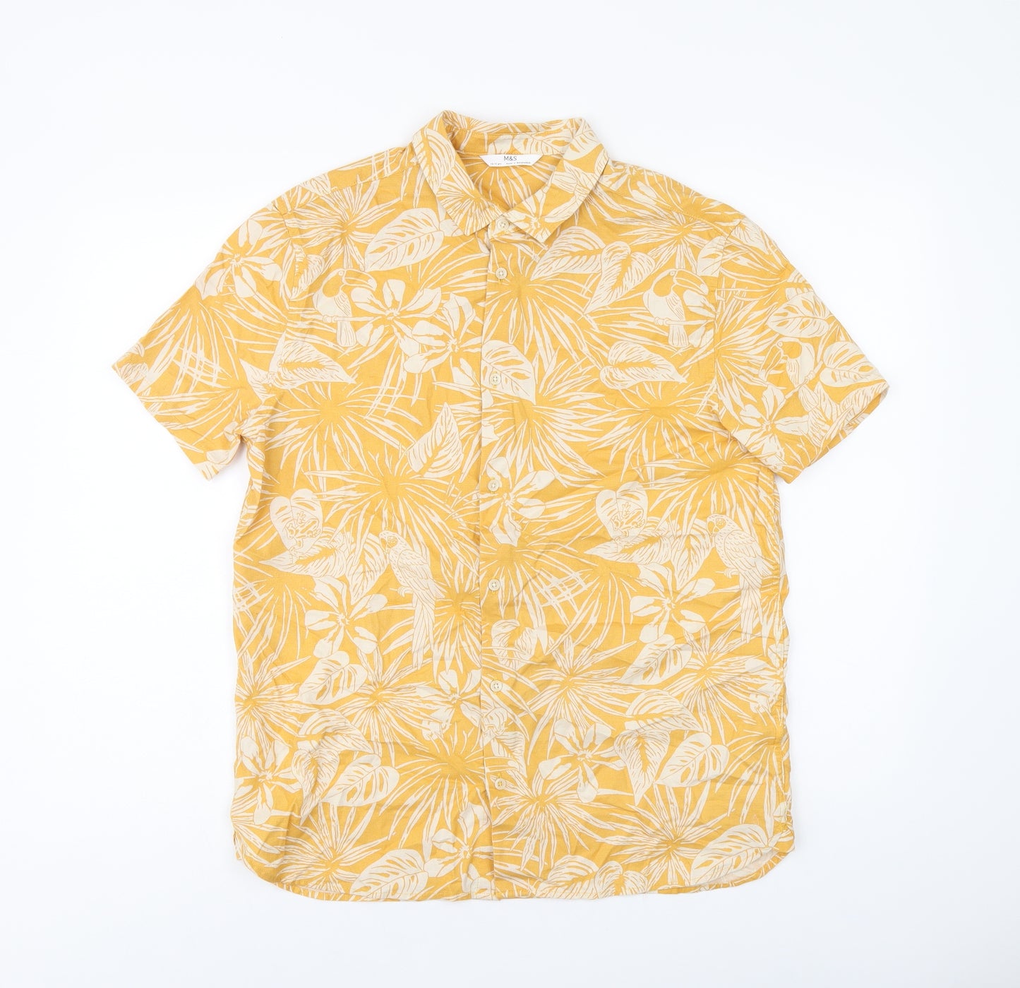Marks and Spencer Boys Yellow Geometric Cotton Basic Button-Up Size 13-14 Years Collared Button - Leaf Print