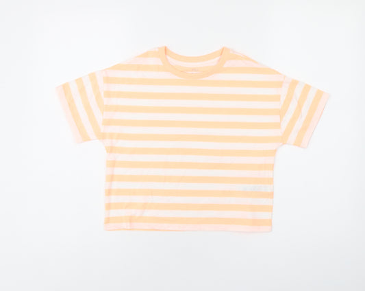 Marks and Spencer Boys White Striped Cotton Basic T-Shirt Size 8-9 Years Round Neck Pullover