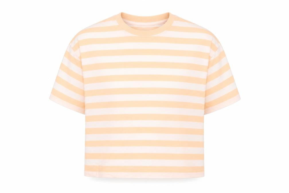 Front view of Marks & Spencer boys’ white striped cotton basic t-shirt, size 8-9, years round neck pullover