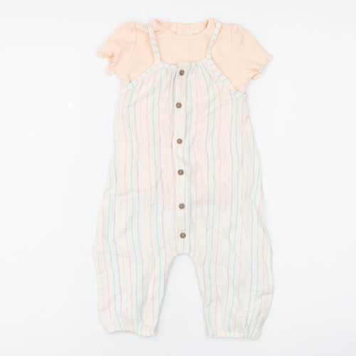 Marks and Spencer Girls White Striped Viscose Dungaree One-Piece Size 9-12 Months Button