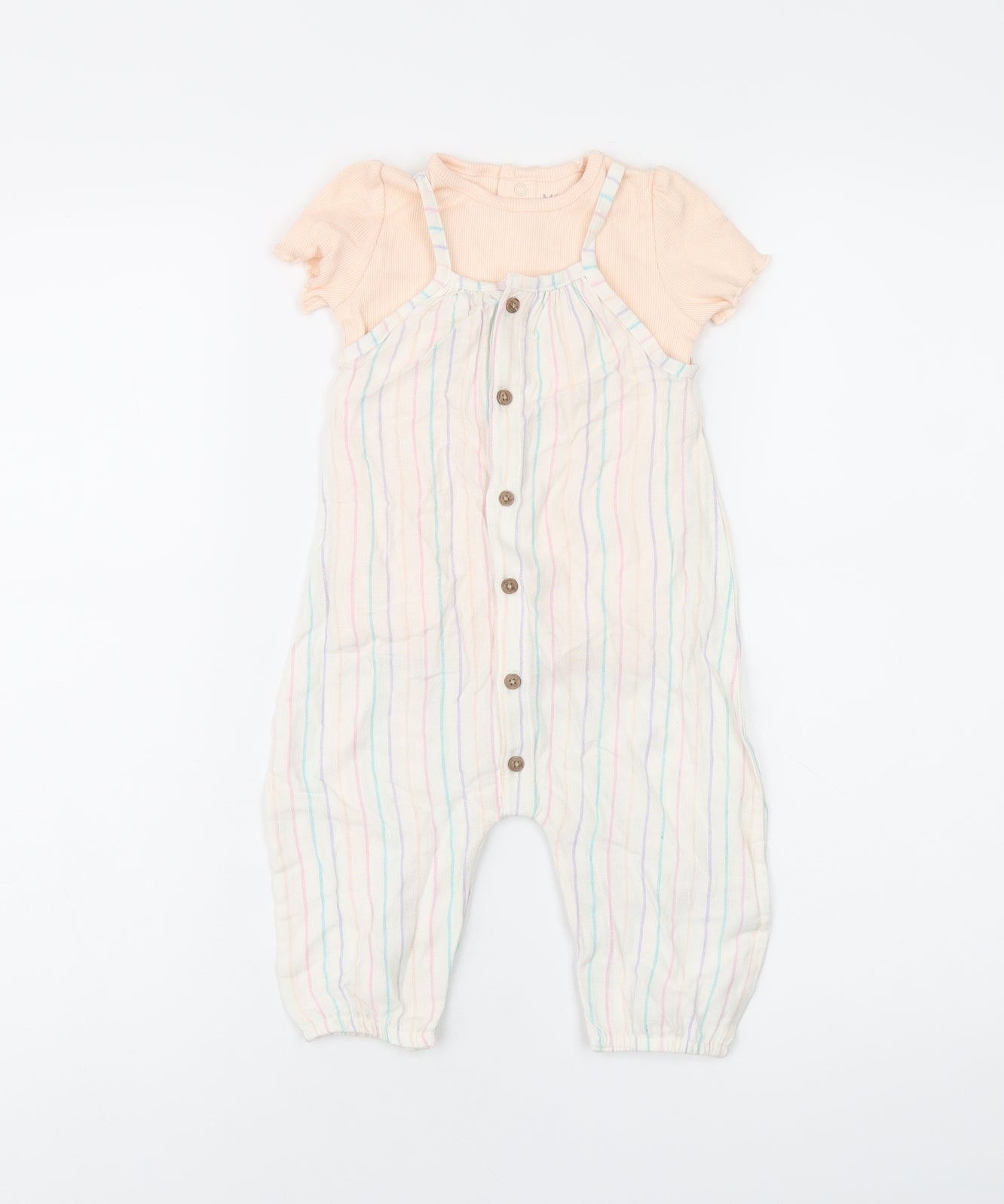 Marks and Spencer Girls White Striped Viscose Dungaree One-Piece Size 9-12 Months Button