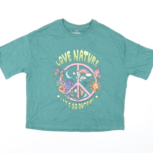 Marks and Spencer Girls Green Cotton Basic T-Shirt Size 12-13 Years Round Neck Pullover - Love Nature, Peace Sign