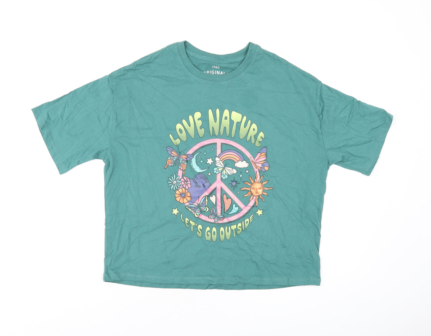 Marks and Spencer Girls Green Cotton Basic T-Shirt Size 12-13 Years Round Neck Pullover - Love Nature, Peace Sign