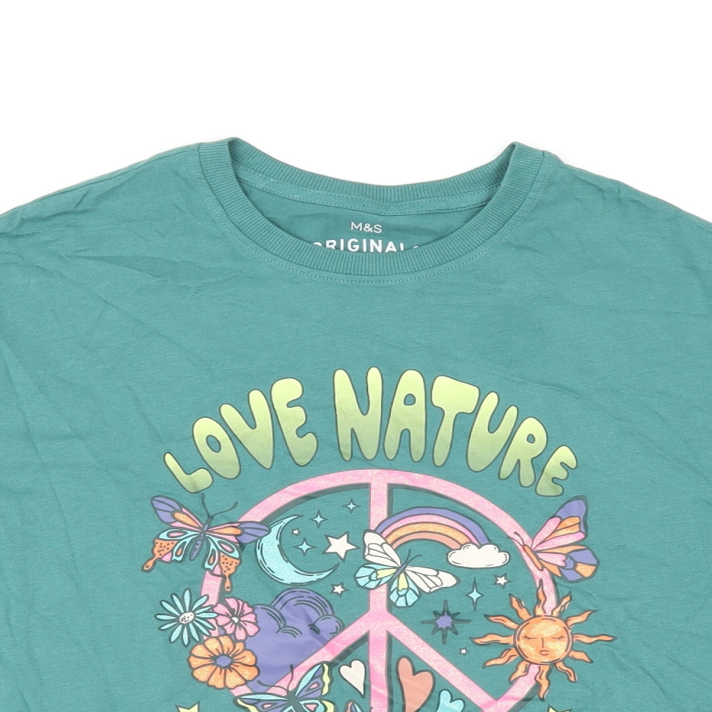 Marks and Spencer Girls Green Cotton Basic T-Shirt Size 12-13 Years Round Neck Pullover - Love Nature, Peace Sign