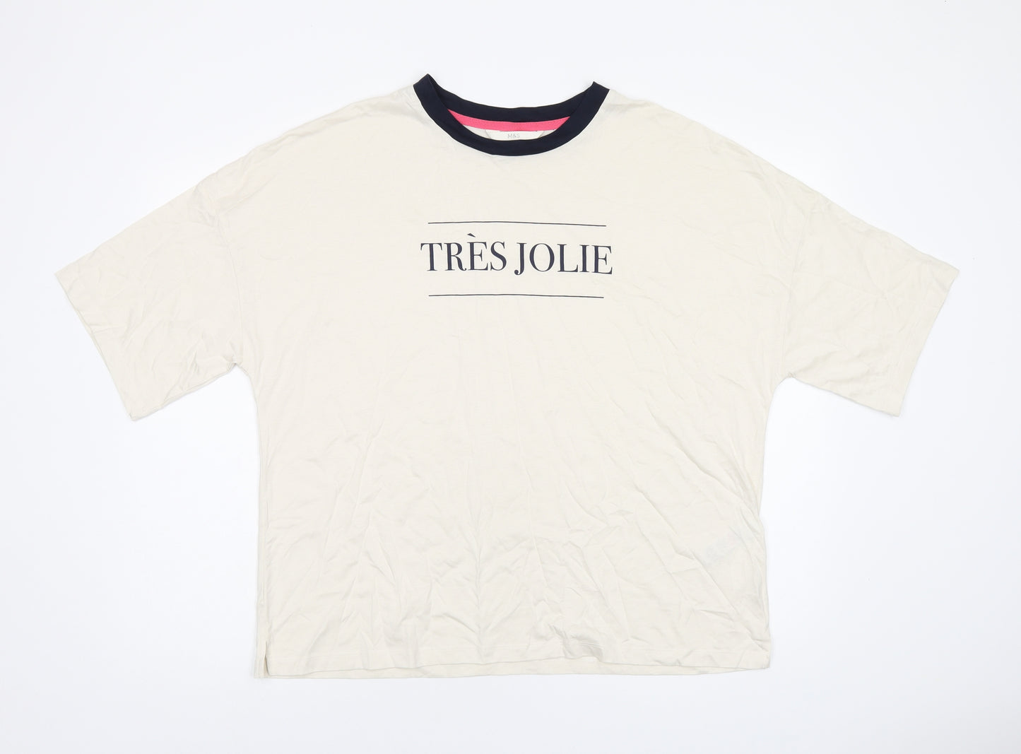 Marks and Spencer Womens Ivory Cotton Basic T-Shirt Size L Round Neck - Tres Jolie
