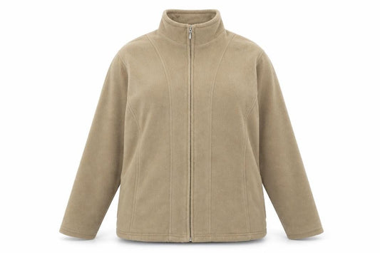 Front view of EWM women’s beige jacket, size UK 18, zip