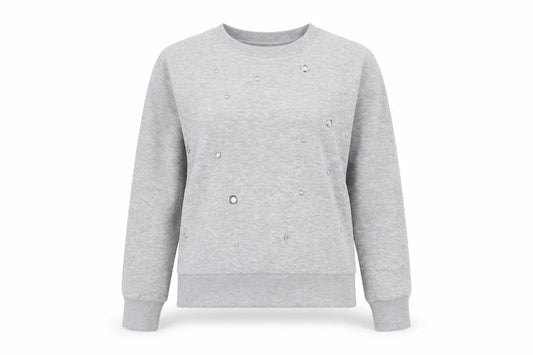 Front view of Boohoo women’s grey polyester pullover sweatshirt, size S, pullover