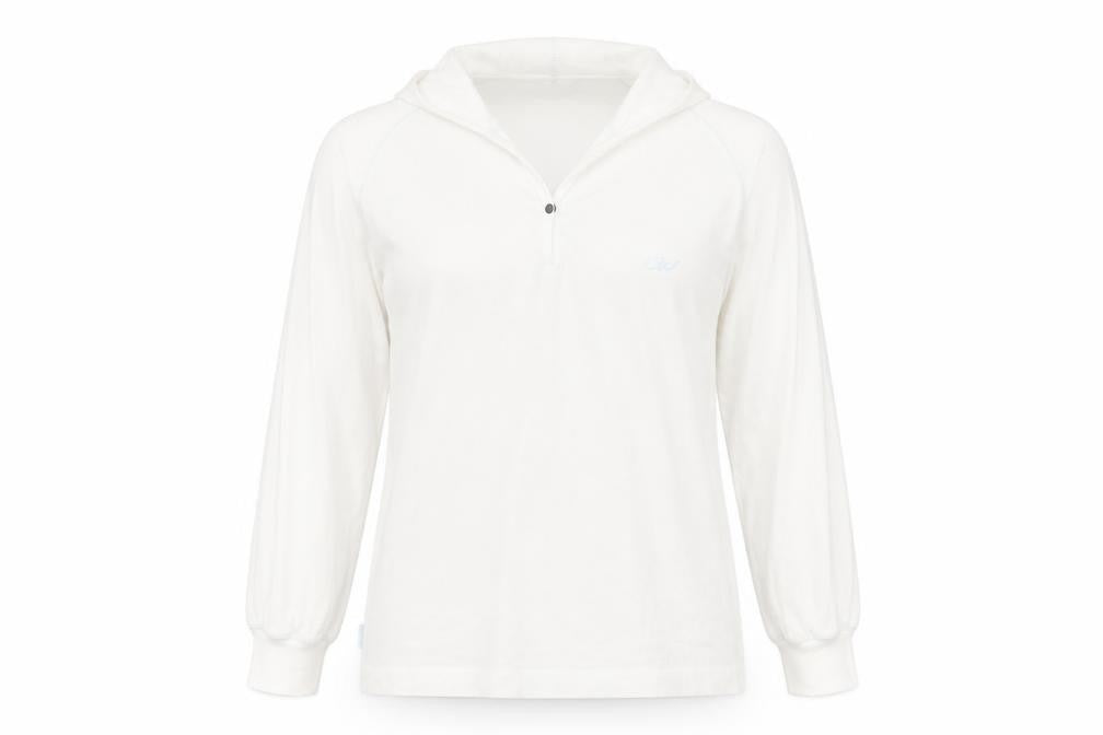 Front view of Crew women’s white cotton pullover hoodie, size UK 10, pullover
