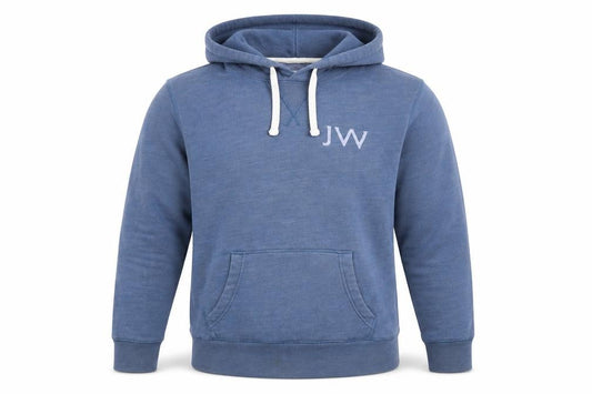 Front view of Jack Wills men’s blue cotton pullover hoodie, size XS