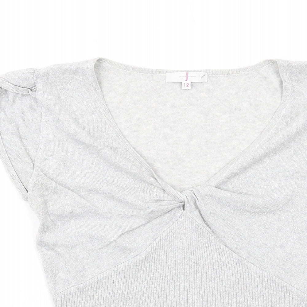Jasper Conran Womens Silver V-Neck Cotton Pullover Jumper Size 12 - Twist Front