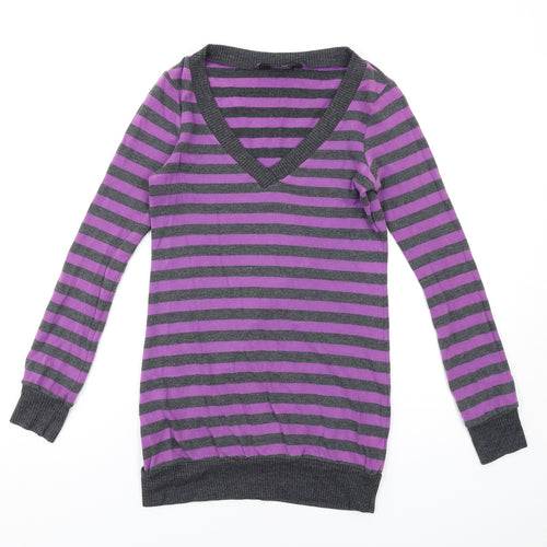 Dorothy Perkins Womens Purple Striped Cotton Basic T-Shirt Size 6 V-Neck