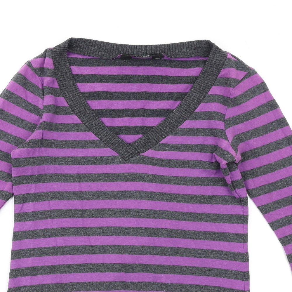 Dorothy Perkins Womens Purple Striped Cotton Basic T-Shirt Size 6 V-Neck
