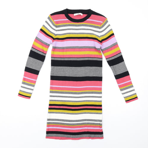 Marks and Spencer Girls Multicoloured Striped Cotton Jumper Dress Size 12-13 Years Crew Neck Pullover