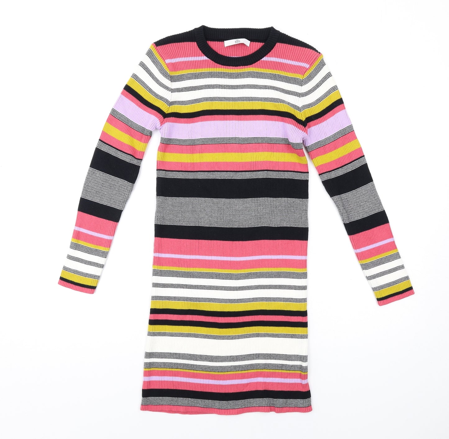 Marks and Spencer Girls Multicoloured Striped Cotton Jumper Dress Size 12-13 Years Crew Neck Pullover