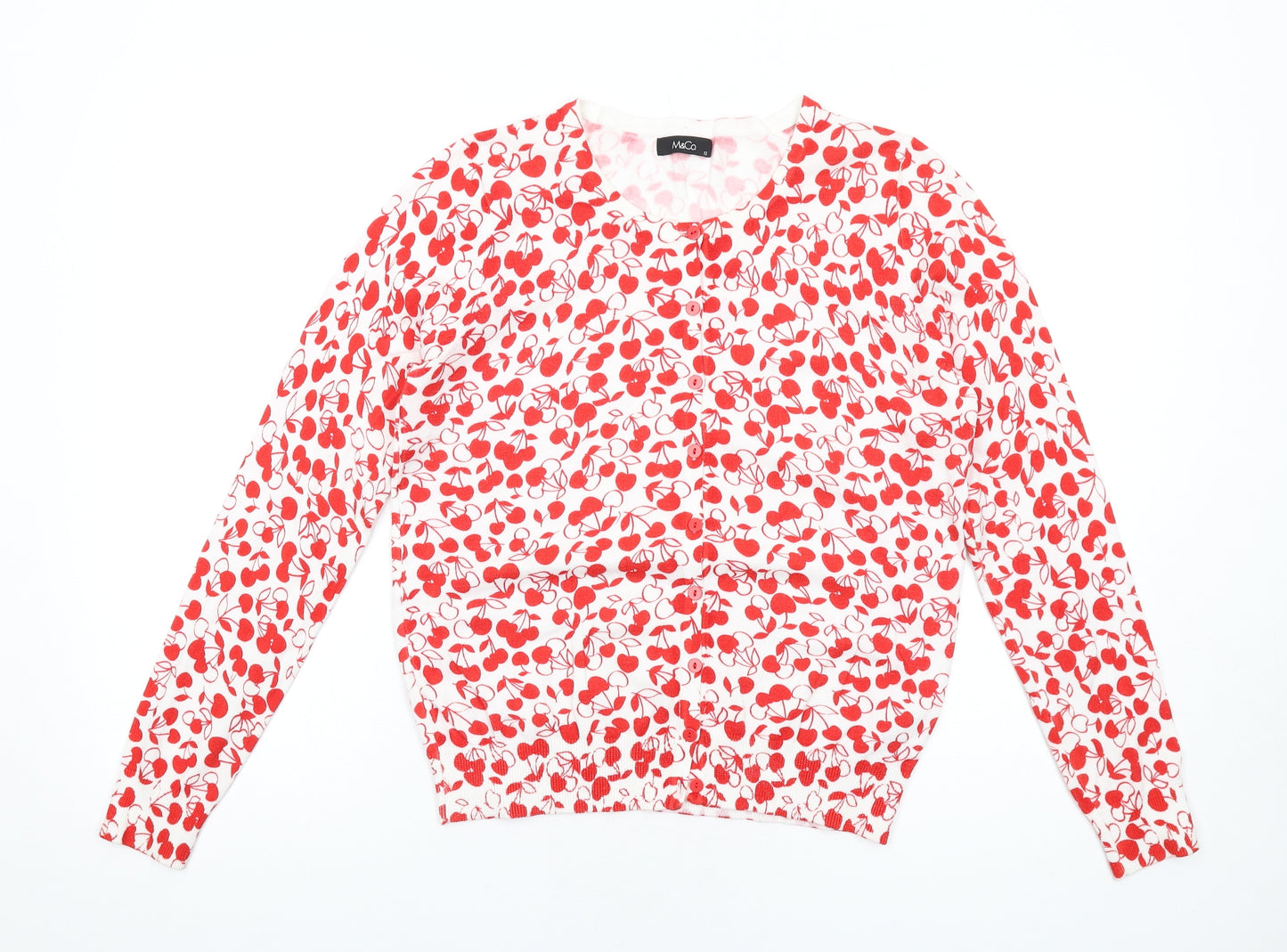 M&Co Womens Red Round Neck Geometric Viscose Cardigan Jumper Size 12 - Cherry