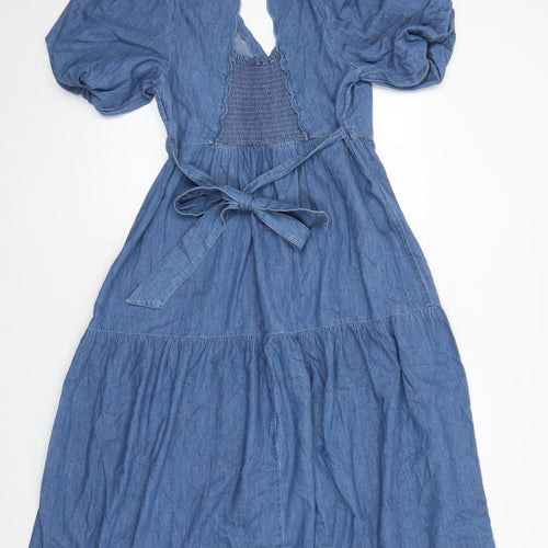 Marks and Spencer Womens Blue Cotton Trapeze & Swing Size 14 V-Neck Pullover