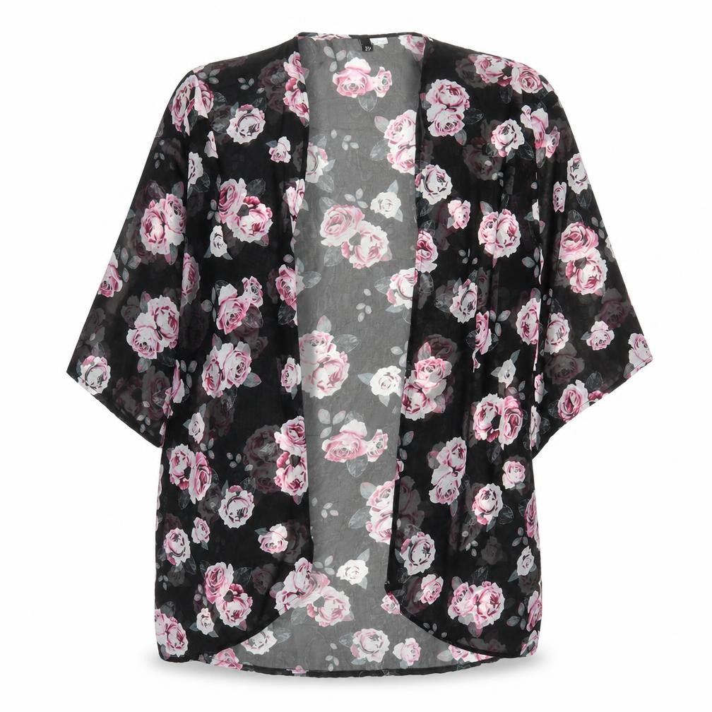 Divided by H&M Womens Black Floral Polyester Kimono Blouse Size S V-Neck