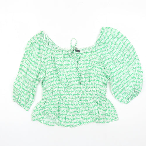 Marks and Spencer Womens Green Geometric Viscose Basic Blouse Size 10 Round Neck - Keyhole Neckline