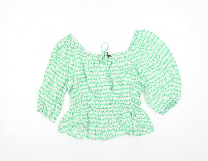Marks and Spencer Womens Green Geometric Viscose Basic Blouse Size 10 Round Neck - Keyhole Neckline