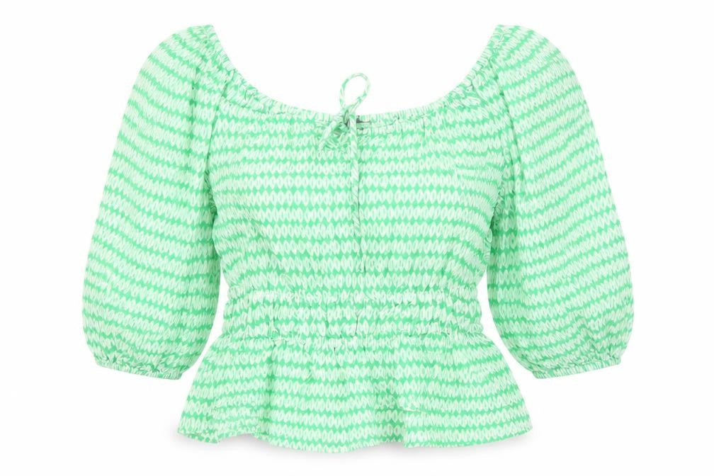 Front view of Marks & Spencer women’s green geometric viscose basic blouse, size UK 10, round neck - keyhole neckline
