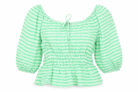 Front view of Marks & Spencer women’s green geometric viscose basic blouse, size UK 10, round neck - keyhole neckline