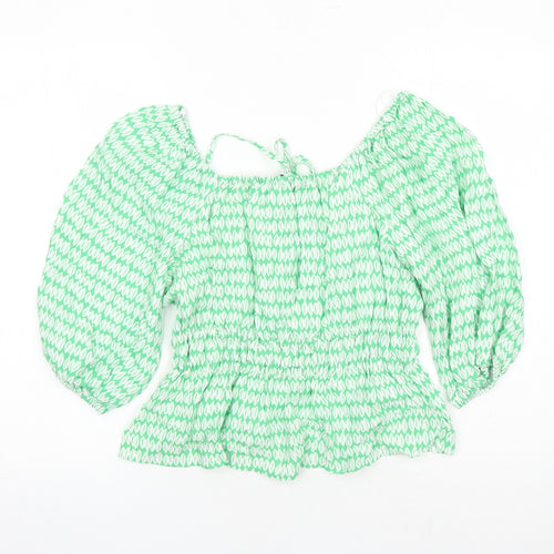 Marks and Spencer Womens Green Geometric Viscose Basic Blouse Size 10 Round Neck - Keyhole Neckline