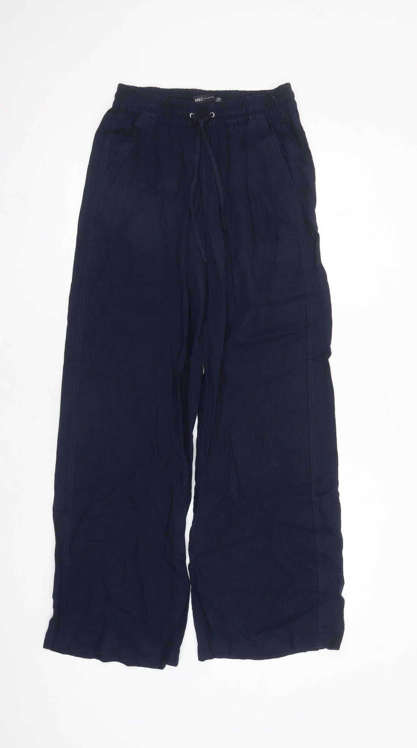Marks and Spencer Womens Blue Flax Trousers Size 8 L29 in Regular Drawstring - Elasticated Waist Pockets