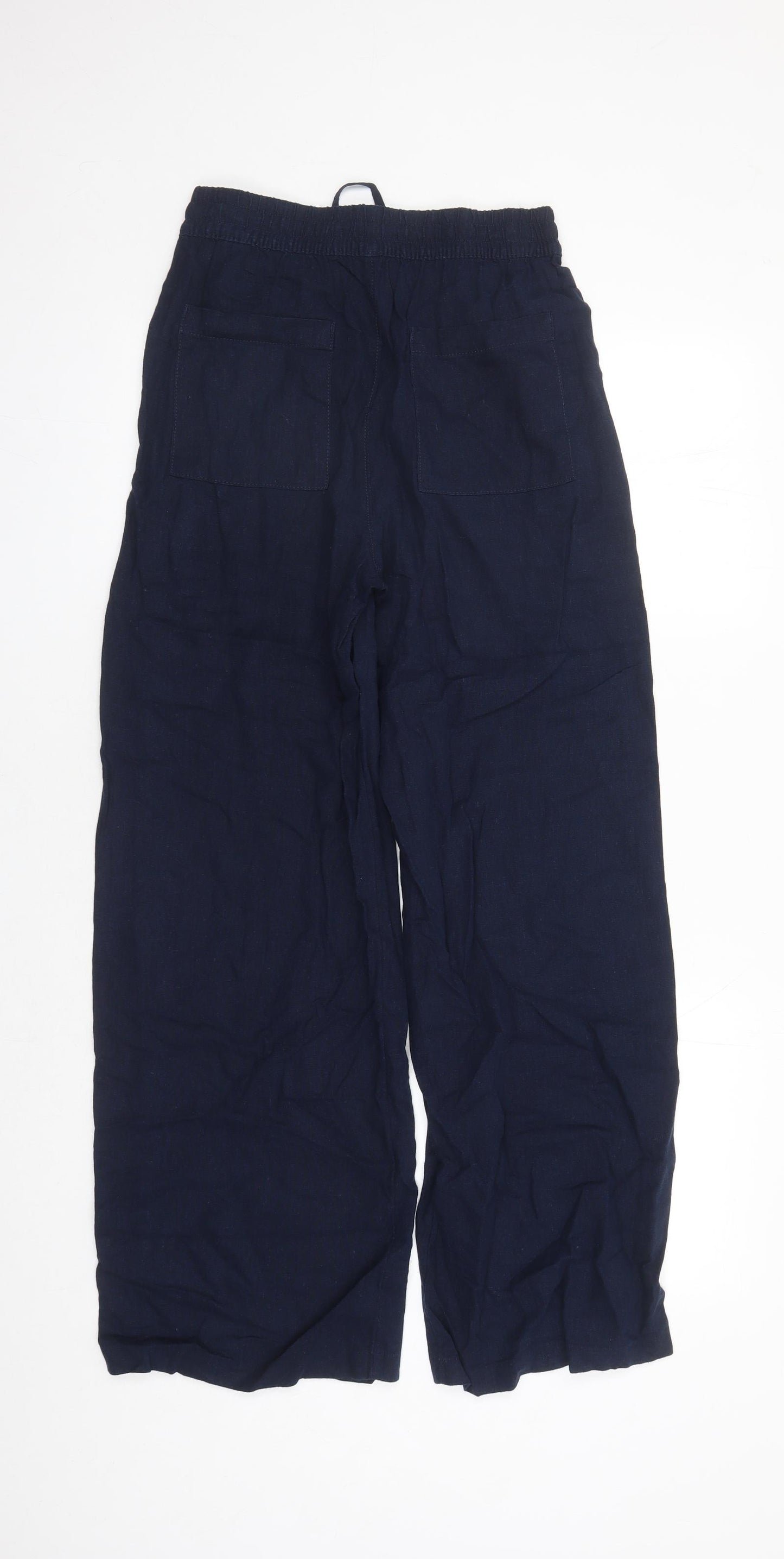 Marks and Spencer Womens Blue Flax Trousers Size 8 L29 in Regular Drawstring - Elasticated Waist Pockets