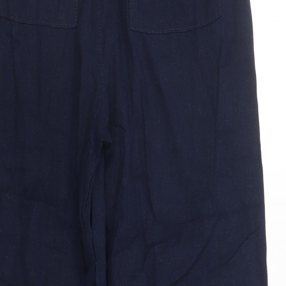 Marks and Spencer Womens Blue Flax Trousers Size 8 L29 in Regular Drawstring - Elasticated Waist Pockets