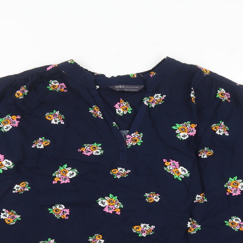 Marks and Spencer Womens Blue Floral Viscose Basic Blouse Size 16 V-Neck