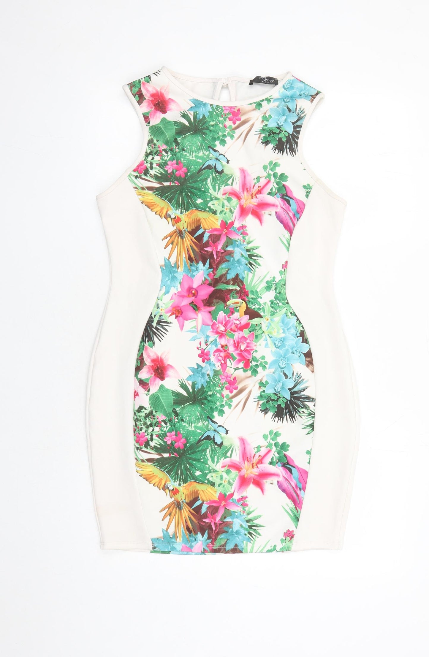 Jane Norman Womens Multicoloured Floral Polyester Bodycon Size 16 Round Neck Button