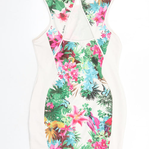 Jane Norman Womens Multicoloured Floral Polyester Bodycon Size 16 Round Neck Button