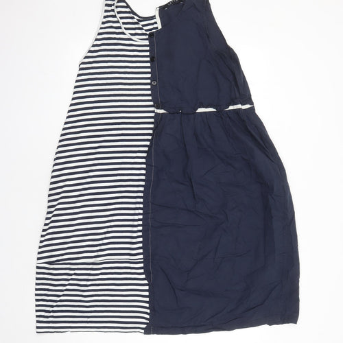 Latte Womens Blue Striped Cotton Tank Dress Size L Round Neck Pullover - Pockets