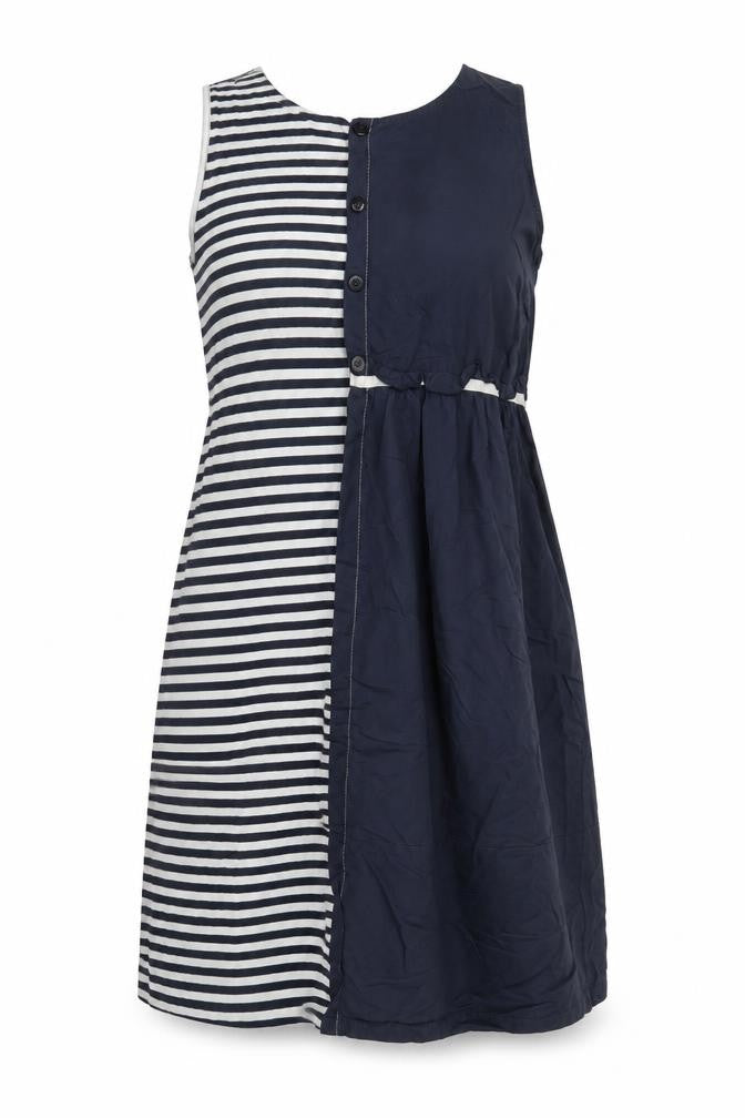 Latte Womens Blue Striped Cotton Tank Dress Size L Round Neck Pullover - Pockets