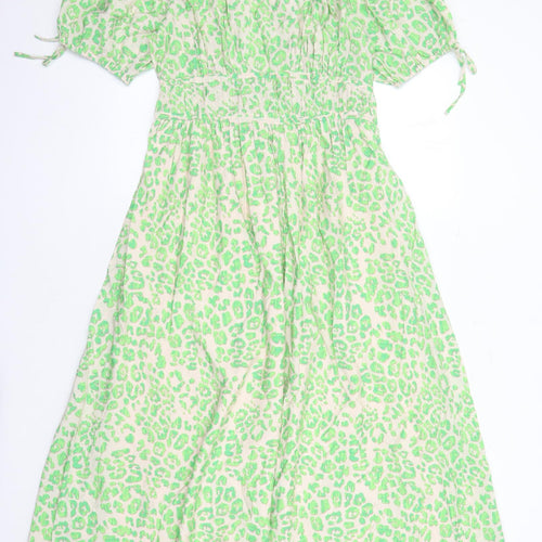 Marks and Spencer Womens Green Animal Print Viscose Trapeze & Swing Size 10 V-Neck Pullover - Leopard Pattern Lined