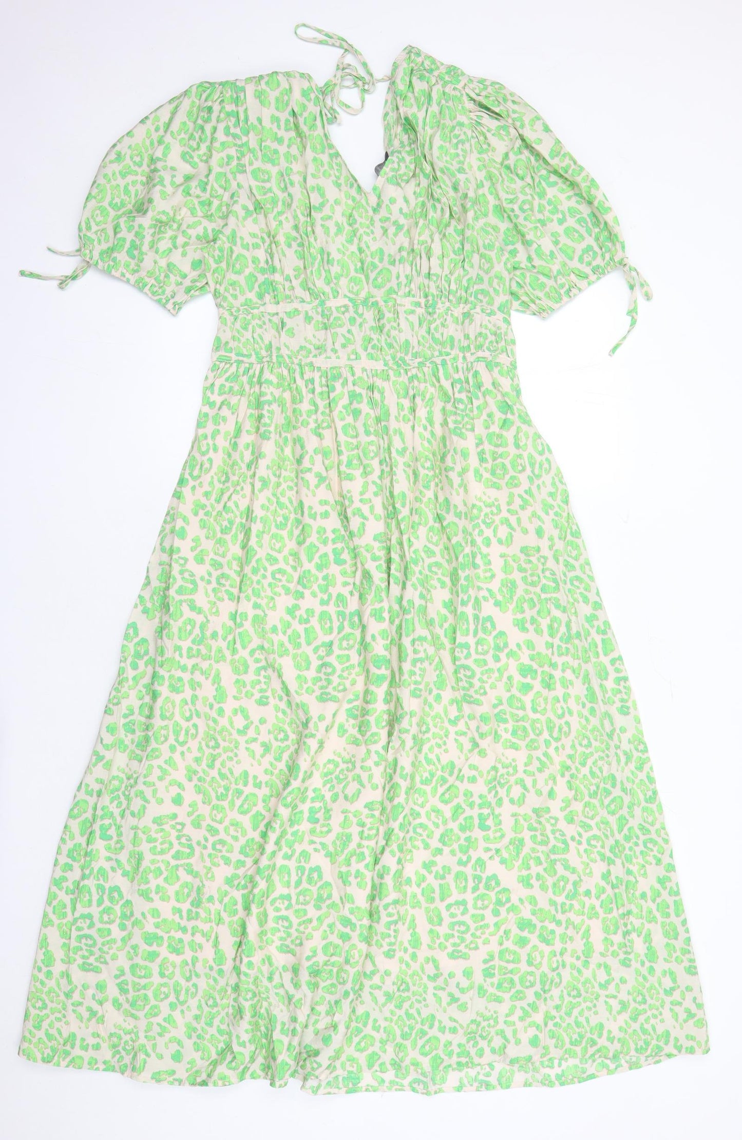 Marks and Spencer Womens Green Animal Print Viscose Trapeze & Swing Size 10 V-Neck Pullover - Leopard Pattern Lined