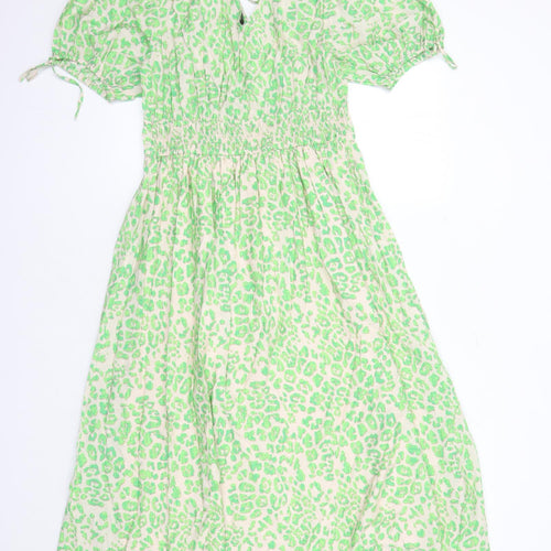 Marks and Spencer Womens Green Animal Print Viscose Trapeze & Swing Size 10 V-Neck Pullover - Leopard Pattern Lined