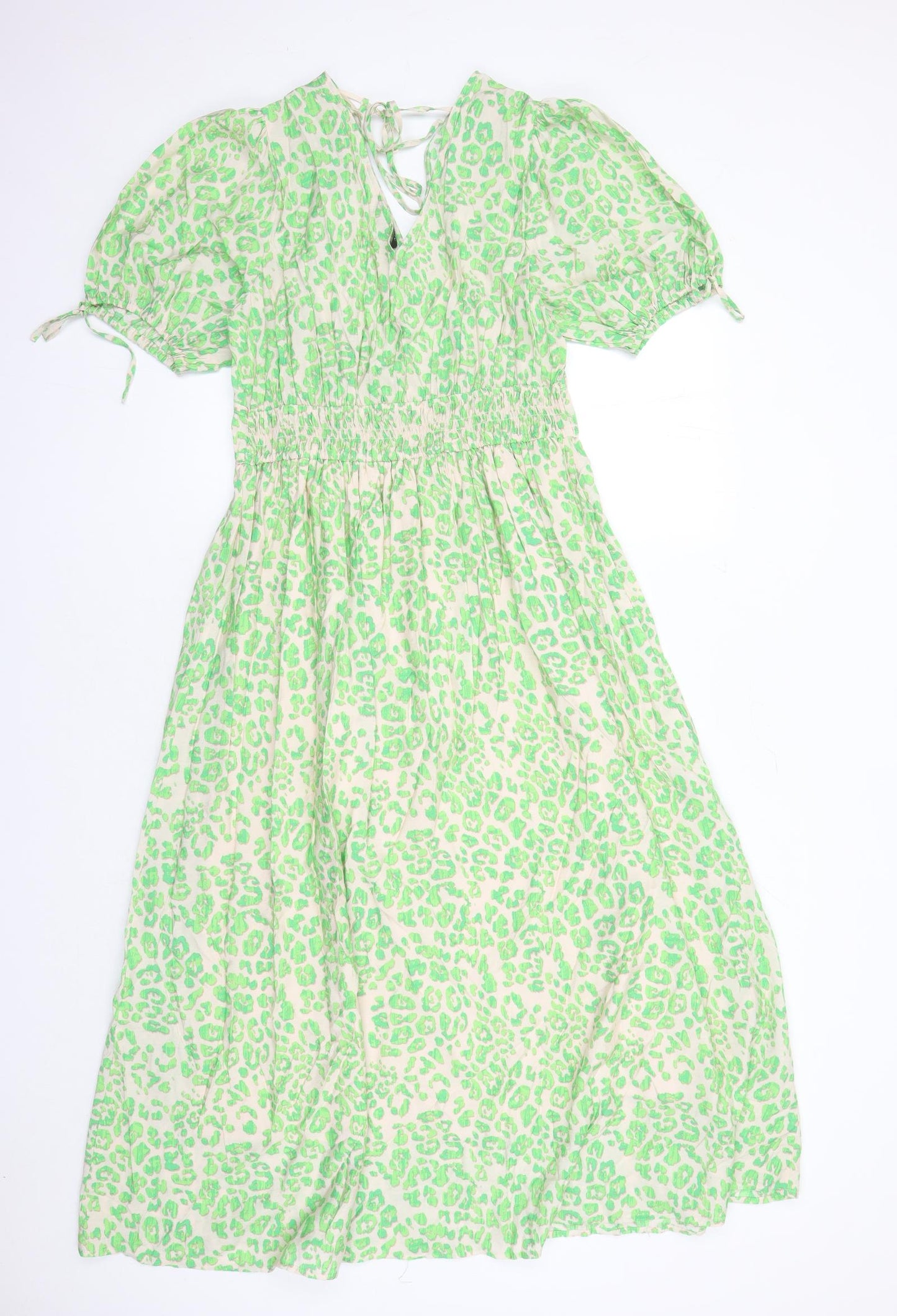 Marks and Spencer Womens Green Animal Print Viscose Trapeze & Swing Size 10 V-Neck Pullover - Leopard Pattern Lined