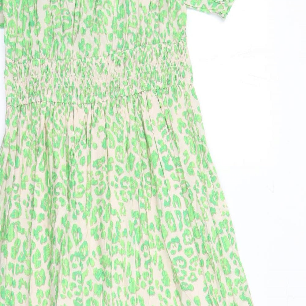 Marks and Spencer Womens Green Animal Print Viscose Trapeze & Swing Size 10 V-Neck Pullover - Leopard Pattern Lined