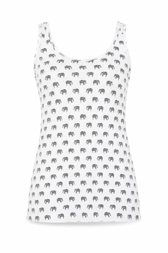Front view of New Look women’s white geometric polyester basic tank, size UK 8, round neck - elephant pattern
