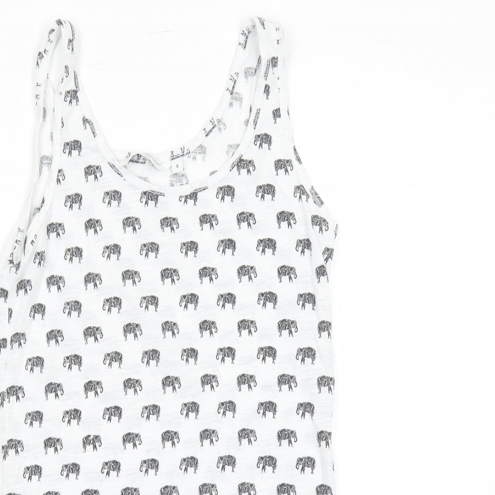 New Look Womens White Geometric Polyester Basic Tank Size 8 Round Neck - Elephant Pattern