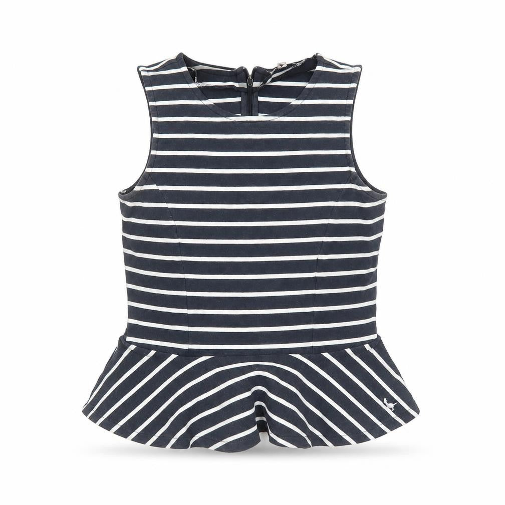 Front view of Jack Wills women’s blue striped cotton basic tank, size UK 10, round neck - peplum style