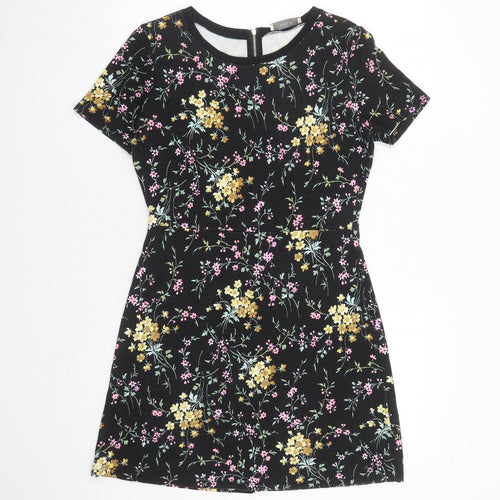 Oasis Womens Black Floral Viscose A-Line Size S Round Neck Zip