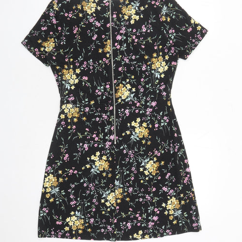 Oasis Womens Black Floral Viscose A-Line Size S Round Neck Zip