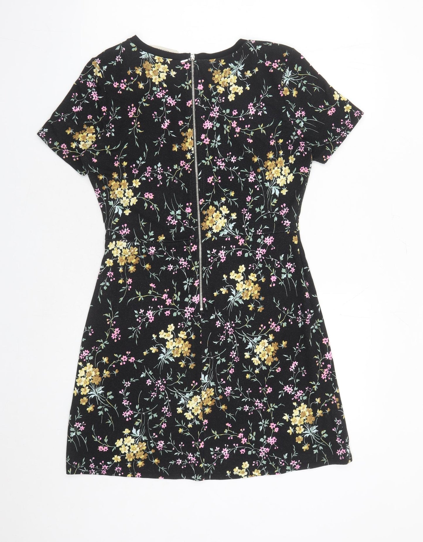 Oasis Womens Black Floral Viscose A-Line Size S Round Neck Zip
