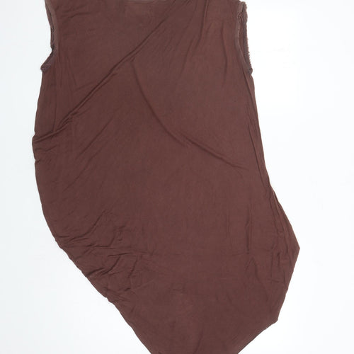 AllSaints Womens Brown Viscose Basic T-Shirt Size 8 Round Neck - Asymmetrical Raw Hems