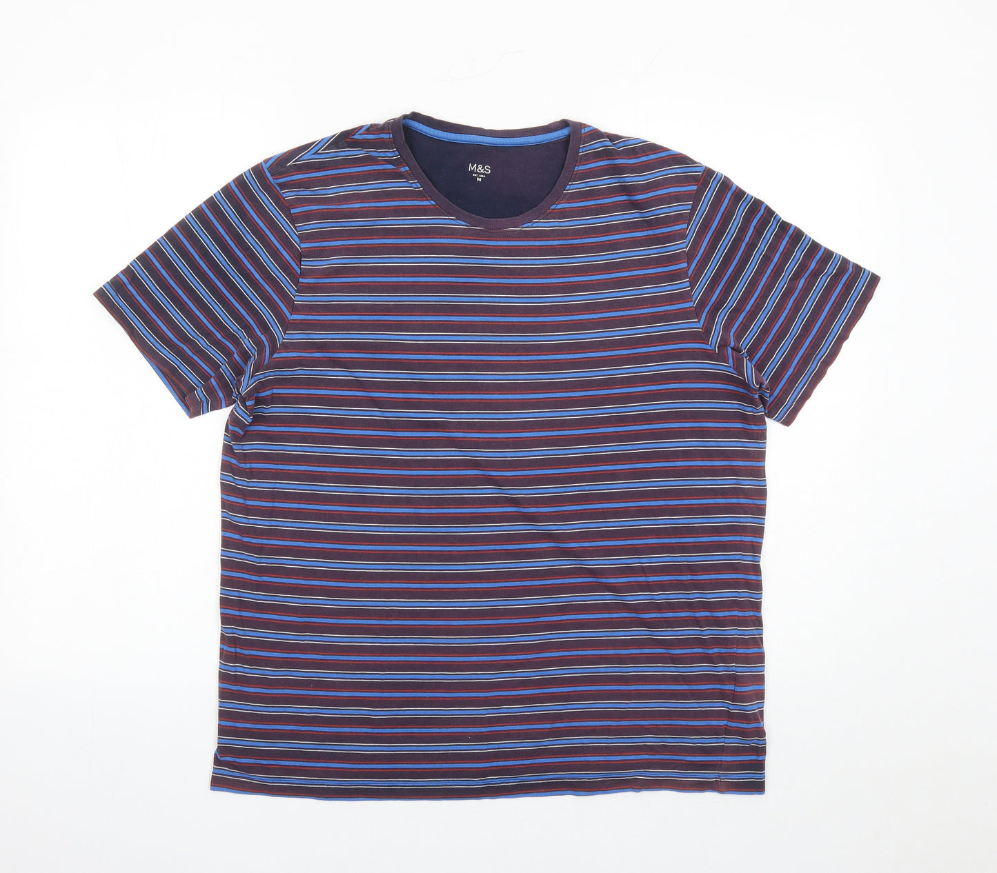 Marks and Spencer Mens Multicoloured Striped Cotton T-Shirt Size M Round Neck